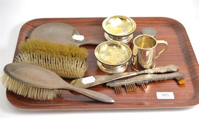 Lot 385 - Two silver salts, a Christening mug, two Asprey silver pots and a brush set (a.f.)