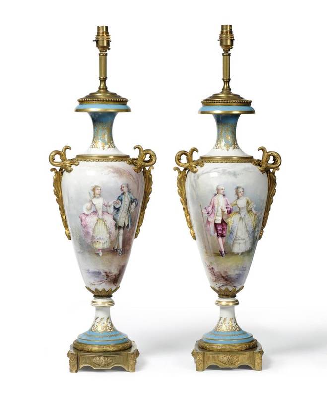 Lot 86 - A Pair of Gilt Metal Mounted Sèvres Style Baluster Vases, in 18th century style, with leaf...