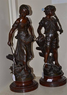 Lot 394 - A pair of French spelter figures (one loose on base)