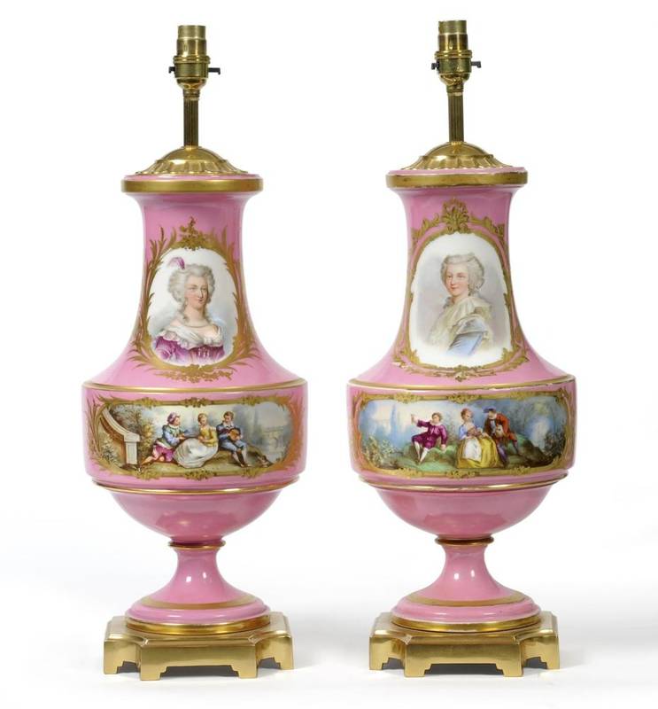Lot 87 - A Pair of Gilt Metal Mounted Sèvres Style Vases, circa 1900, with tall swept cylindrical necks and
