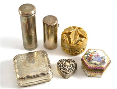 Lot 418 - A Victorian silver cylindrical vesta case, London 1837; a silver scent bottle; a Continental...