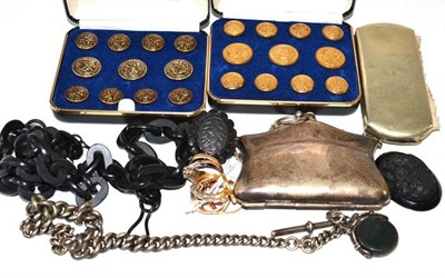 Lot 423 - Eight rings, two sets of buttons, three pieces of jet, a watch chain, a plated purse and glasses in