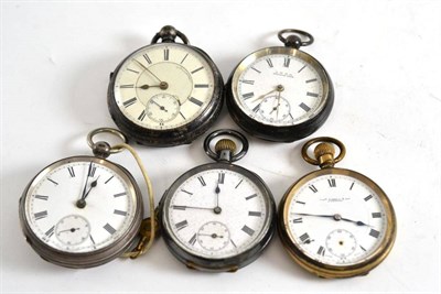 Lot 426 - Four silver pocket watches and a plated pocket watch