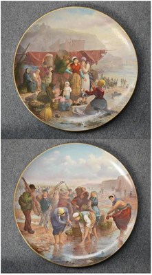 Lot 90 - A Pair of Sarreguemines Pottery Plaques, painted by V Gossens, circa 1900, with beach scenes...