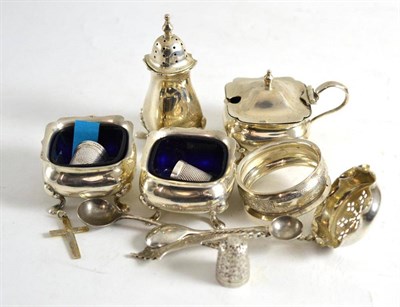 Lot 437 - Small group of silver including condiments, napkin ring, thimbles, cutlery, etc