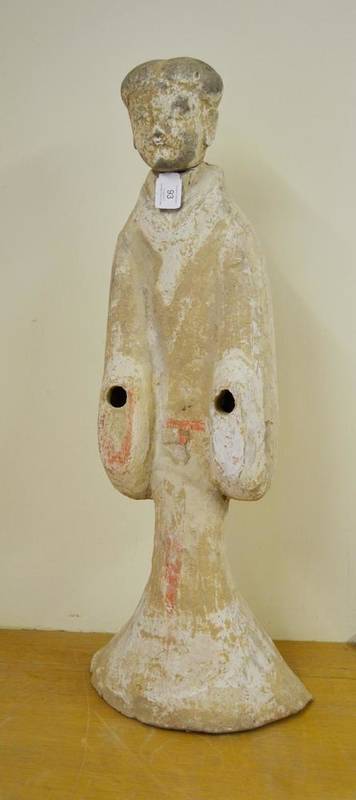 Lot 93 - A Chinese Painted Pottery Tomb Figure, possibly Han Dynasty, as a female attendant with...