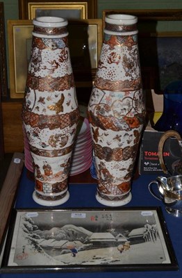 Lot 458 - A pair of satsuma pottery vases, of tapering double conical form and a framed Japanese print (3)