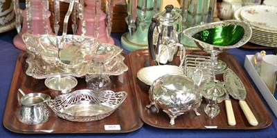 Lot 464 - A collection of assorted silver plated wares on two trays, including various pierced dishes, a...