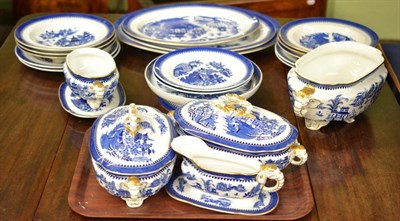 Lot 485 - A 19th century Royal Worcester blue and white Willow pattern dinner service comprising three...