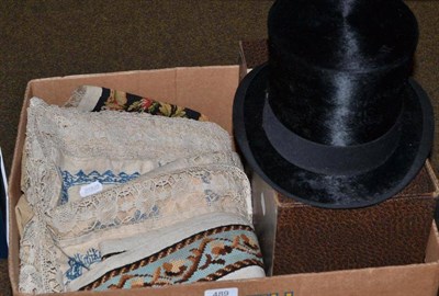 Lot 489 - A Dunn & Co top hat in original box and a small quantity of needlework and textiles