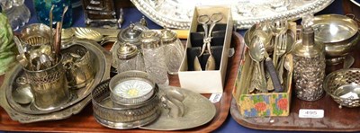 Lot 495 - Silver twin handled dish, pierced silver dish, sterling fork and spoon, silver cased perfume bottle