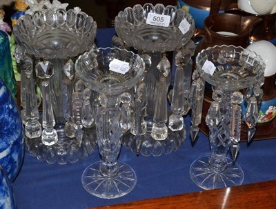 Lot 505 - Two pairs of clear cut glass table lustres with drops