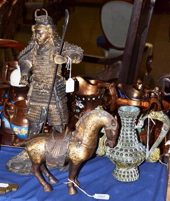 Lot 507 - Three Oriental gilt bronze items comprising a horse, a ewer and a warrior