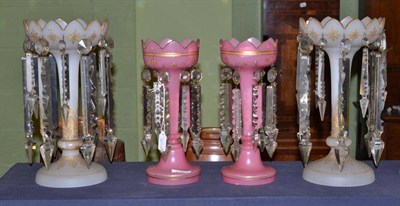 Lot 512 - A pair of Victorian opaline glass table lustres with gilt decoration; and a smaller pair in...