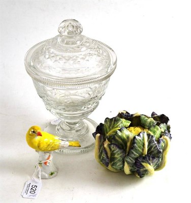 Lot 520 - Porcelain cauliflower by Lady Anne Gordon, a Meissen canary (a.f.) and a cut glass jar and cover