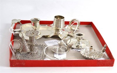 Lot 529 - Five miniature silver chamber candlesticks and a filigree candlestick (6)