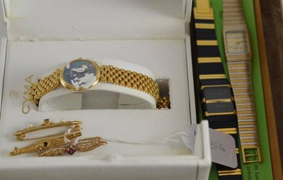 Lot 540 - A lady's Cyma wristwatch, two lady's Louis Erard wristwatches, a 9ct gold blue topaz and...