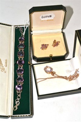 Lot 542 - A pair of 9ct gold amethyst and diamond earrings, a bracelet and a pendant on chain