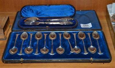 Lot 549 - A cased set of twelve silver Onslow pattern teaspoons and a cased silver Christening cutlery...