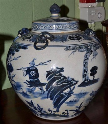 Lot 562 - A Chinese blue and white porcelain vase and cover, decorated with figures on horseback