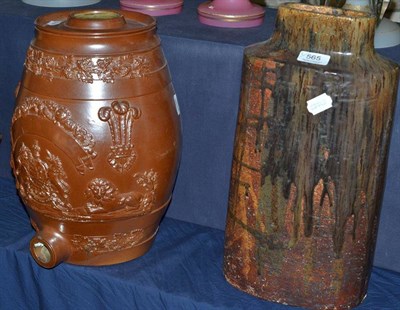 Lot 565 - A 19th century stoneware spirit barrel and a large studio pottery vase (indistinctly signed to...