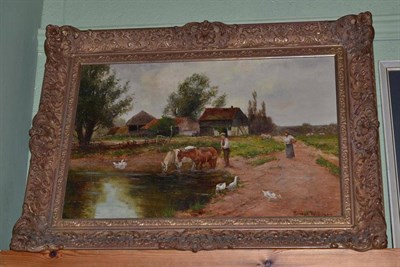 Lot 583 - Follower of Ernest Walbourn (19th/20th century) watering the horses, bears signature, oil on canvas