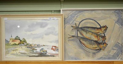 Lot 590 - John Tookey, fishing boats on the shore, signed, watercolour; together with a still life of fish on