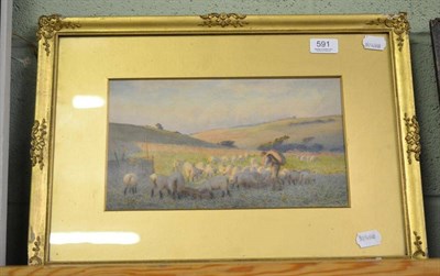 Lot 591 - Joseph Kilpatrick, shepherd attending his sheep, signed watercolour