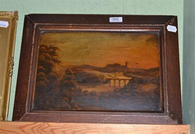 Lot 592 - A pair of framed oil on boards depicting a tavern scene and a river view