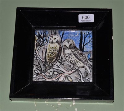 Lot 606 - Janet Rawlings (b.1931), two barn owls seated in a tree, signed, mixed media, 13.5 by 14.5cm