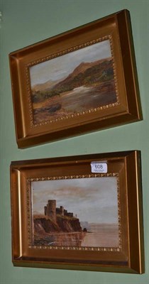 Lot 608 - British School, a castle on a cliff in a coastal landscape, oil on panel; together with a...