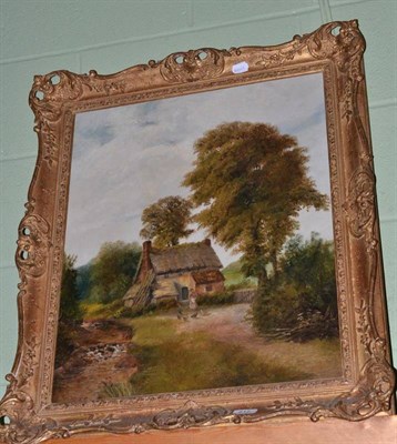 Lot 612 - J Edwards, oil on canvas of a cottage with a girl and chickens