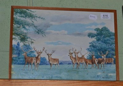 Lot 616 - DM & EM Alderson, deer in a parkland, dated 1957