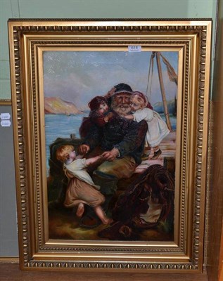 Lot 618 - R.Rutherford fisherman and children, oil on canvas; and a watercolour of Whitby by M.Foulds (2)