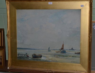 Lot 619 - John Terris RSW, figures in boats on a beach, gilt framed watercolour