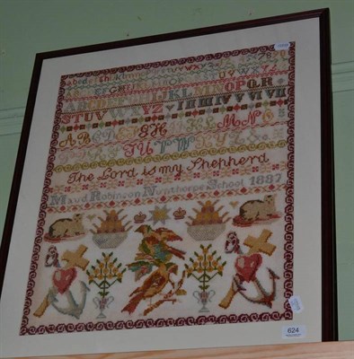 Lot 624 - A framed wool work alphabet worked sampler by Maud Robinson, Nunthorpe School, 1887