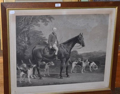 Lot 632 - A 19th century engraving of a huntsman on his horse surrounded by hounds, 55cm x 69cm, in an...