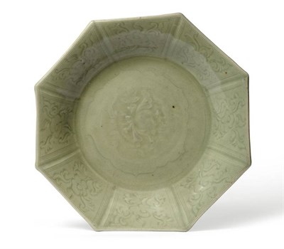 Lot 111 - A Chinese Longquan Celadon Octagonal Dish, Ming Dynasty, probably 15th century, carved with a...