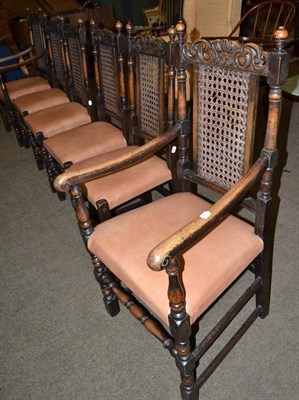 Lot 727 - Set of six 17th century style chairs with hide seats including two carvers