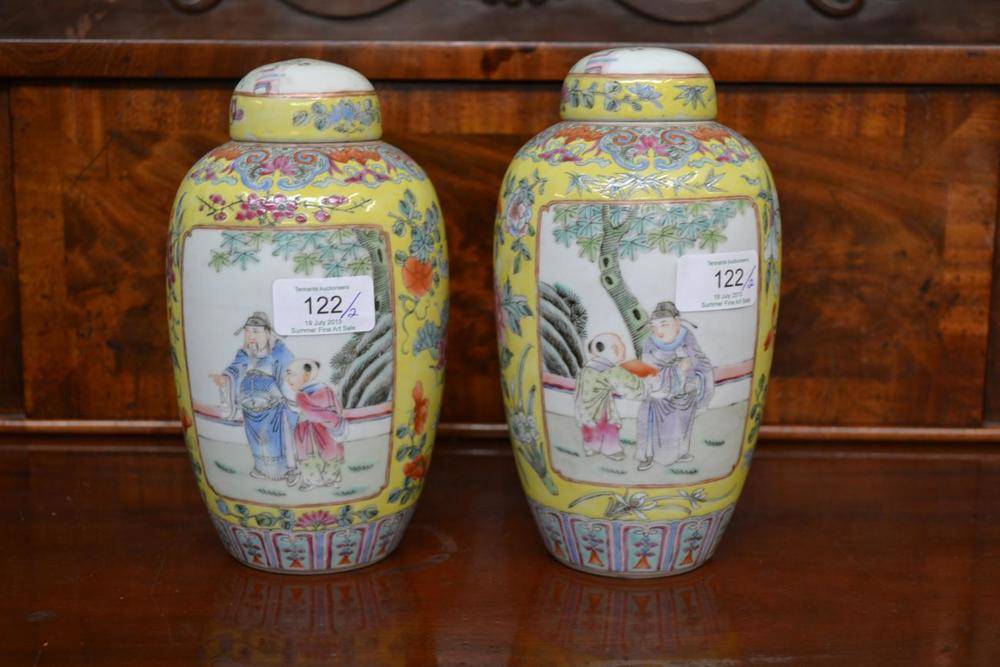 Lot 122 - A Pair of Chinese Porcelain Baluster Vases and Domed Covers, Qianlong reign marks but not of...