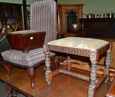 Lot 755 - Cast iron oil lamp stand, oak stool with drop-in seat and a nursing chair on short cabriole legs