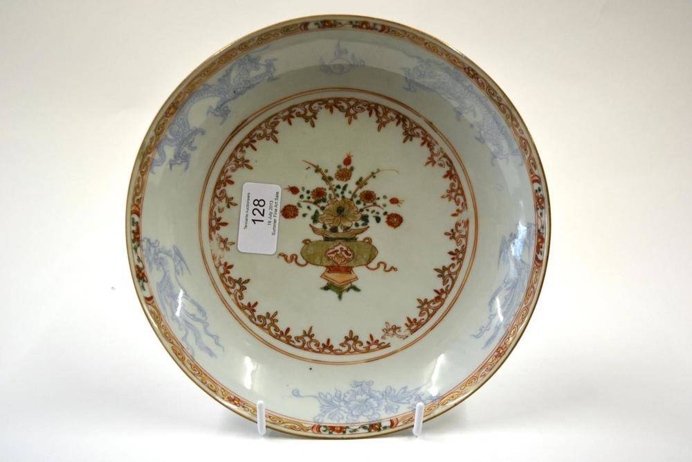Lot 128 - A Chinese Porcelain Saucer Dish, Kangxi, painted in famille verte enamels with a vase of...