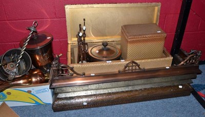 Lot 822 - A Lloyd Loom style blanket chest and similar laundry basket, copper fenders, four spark guards...