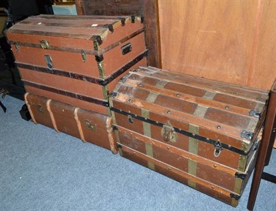 Lot 837 - Two oak bound dome top trunks and a travelling trunk