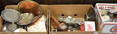 Lot 847 - Assorted plated wares, copper, metalwares, fender etc (three boxes)