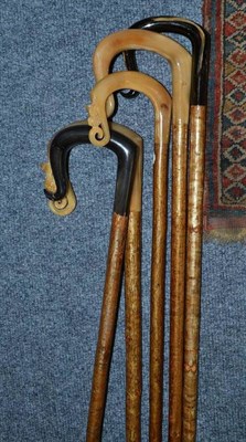 Lot 857 - Five assorted shepherd's crooks with cream and black horn handled mounts