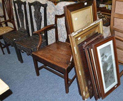 Lot 859 - Provincial open armchair and a pair of carved hall chairs, oil on board of an eagle and chicks,...