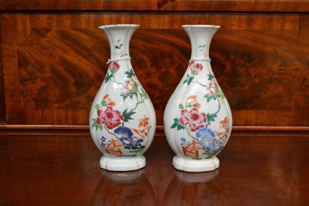 Lot 133 - A Pair of Chinese Porcelain Bottle Vases, Qianlong, of flattened pear shape with flared necks...