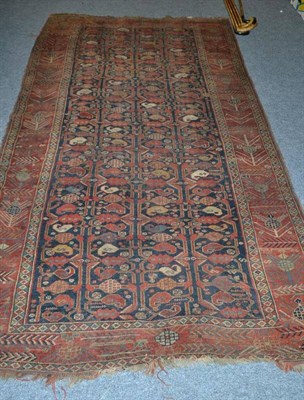 Lot 872 - Khamseh rug, South west Persia, the indigo field with rows of polychrome boteh enclosed by...