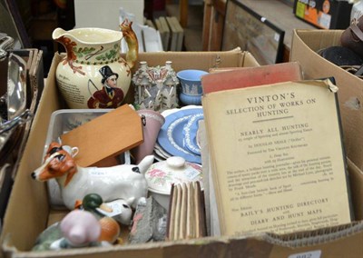 Lot 882 - Hunting memorabilia including John Peel musical jug and Victorian hunting map, assorted books,...